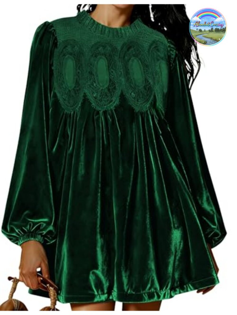 Velvet Lace Babydoll Pleated Swing Mini Dress Scallop Neck